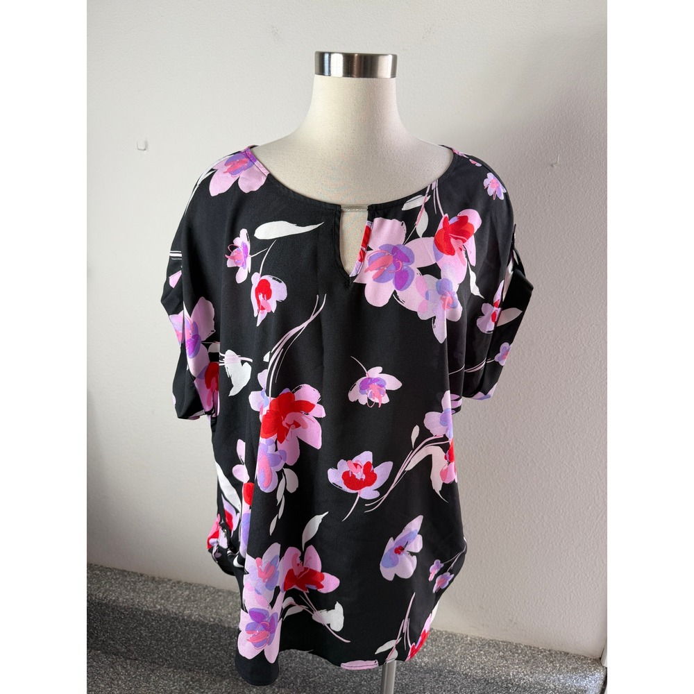 Calvin Klein Womens Plus 1X Floral Short Sleeve Blouse Black Pink Purple Top